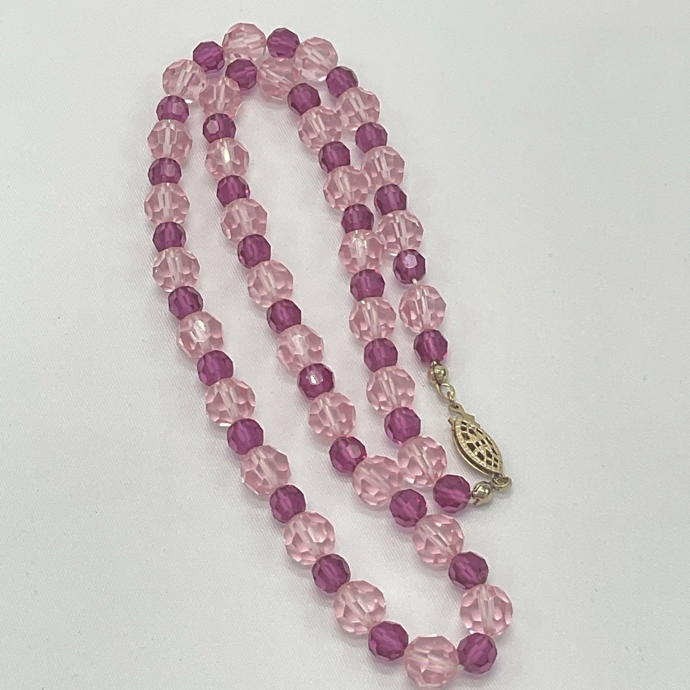 Vintage Pink Faceted Glass Bead Necklace Cranberry Tone Spring 18" READ